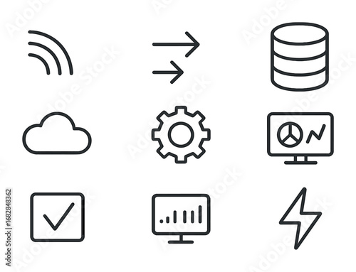 ML Pipeline Icon Grid. Outline icon set of real-time ML pipeline: streaming icon, arrows, dataset, cloud, gear