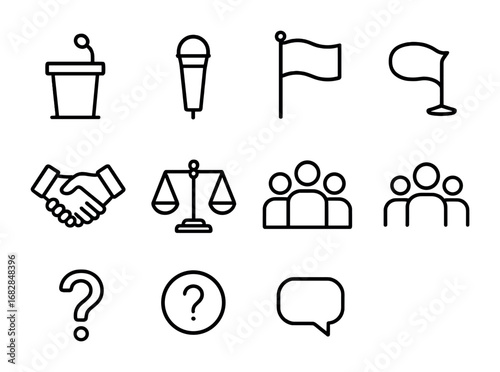 Political Debate Icons. Outline icon set of political debates: podium, microphone, flag, handshake, balance