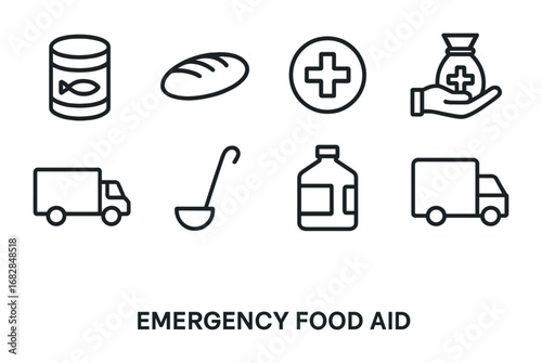 Emergency Food Aid Icons. Outline icon set of emergency food aid: canned food, bread loaf, cross symbol,