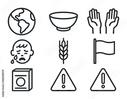 Global Hunger Crisis Icons. Outline icon set of global hunger crisis: globe, empty bowl, hands, crying child,