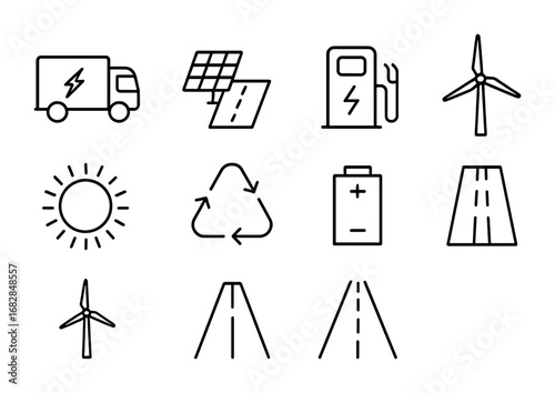 Eco-Friendly Highway Icons. Outline icon set of eco-friendly highways: electric truck, solar road section, EV