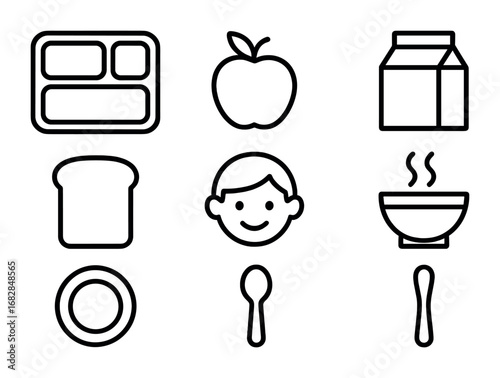 School Meal Icons. Outline icon set of school meal programs: lunch tray, apple, milk carton, bread slice, soup