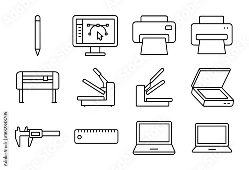 Digital Crafting Icons. Outline icon set of digital crafting tools: tablet stylus, design software screen,