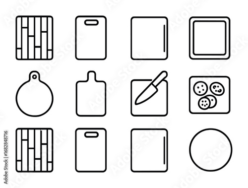 Food Preparation Boards Icons. Outline icon set of food preparation boards: bamboo board, plastic board, slot