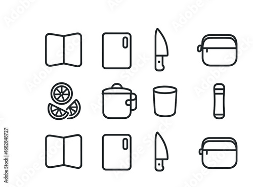 Portable Cutting Icon Set. Outline icon set of portable cutting sets: foldable board, slot design, travel
