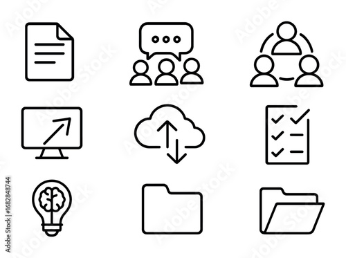 Collaborative Study Icons. Outline icon set of collaborative study tools: shared document, group chat,
