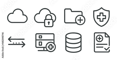 Cloud Health Security Icons. Outline icon set of cloud-based health data protection: cloud icon, padlock,