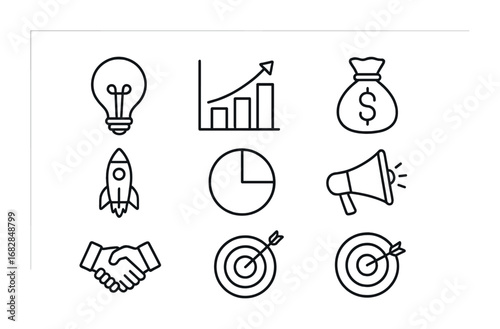 Business Icons Collection. Outline icon set of business creativity: lightbulb, growth bar, money bag, rocket,
