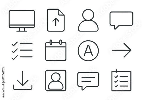 Online Homework Icons. Outline icon set of online homework systems: computer monitor, uploaded file, student