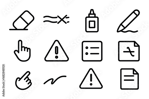Correction Tools Icons. Outline icon set of correcting mistakes: eraser, crossed-out word, correction fluid,