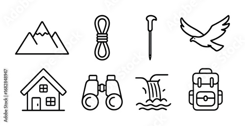 Mountain Tourism Icons. Outline icon set of mountain eco-tourism: peak, rope, hiking stick, eagle, mountain