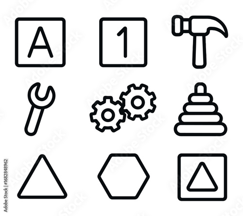 Educational Toy Icons. Outline icon set of educational building toys: alphabet block, number block, toy hammer