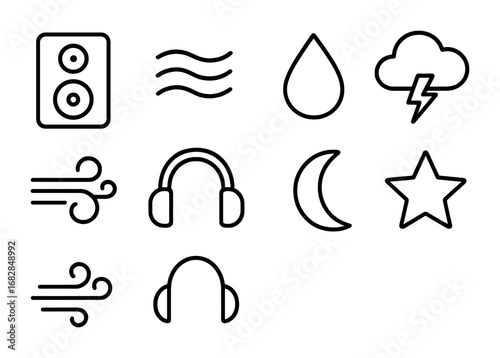 Ambient Sound Icons. Outline icon set of ambient sound machines: speaker, wave symbol, rain droplet, thunder