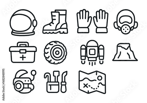 Martian Exploration Gear Icons. Outline icon set of Martian exploration gear: helmet, space boots, gloves,