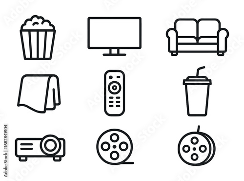 Movie Night Icons. Outline icon set of movie afternoon: popcorn, TV screen, sofa, blanket, remote control,