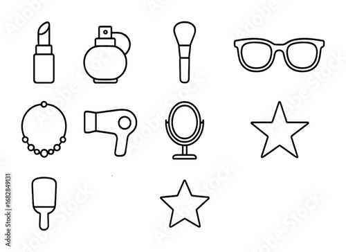 Beauty Icon Collection. Outline icon set of beauty and style branding: lipstick, perfume bottle, makeup brush,