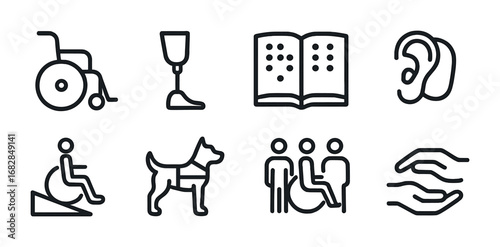 Disability Inclusion Icons. Outline icon set of disability inclusion: wheelchair, prosthetic limb, braille