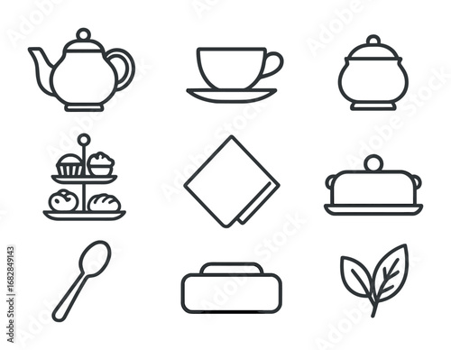 Afternoon Tea Icons. Outline icon set of afternoon tea: teapot, teacup, sugar bowl, pastry plate, napkin, tray