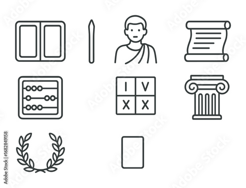 Roman Education Icons. Outline icon set of Roman education: wax tablet, stylus, toga-wearing teacher, scroll,