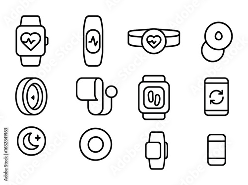 Wearable Health Icon Set. Outline icon set of wearable health devices: smartwatch, fitness tracker, heart rate