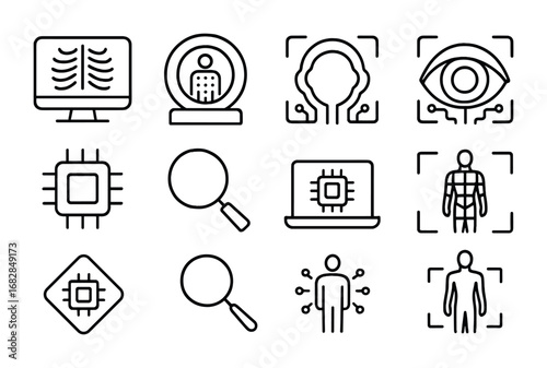 AI Medical Icons Set. Outline icon set of AI medical imaging: X-ray screen, CT scan, brain scan, eye scan, AI