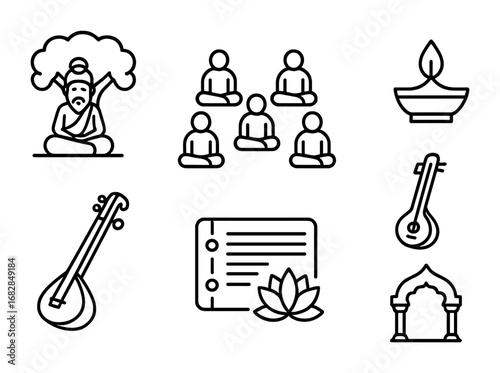 Gurukul Icon Set. Outline icon set of Indian gurukul system: guru under tree, students sitting, scroll, lamp,
