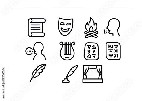 Storytelling Icons Collection. Outline icon set of storytelling traditions: open scroll, mask, campfire,