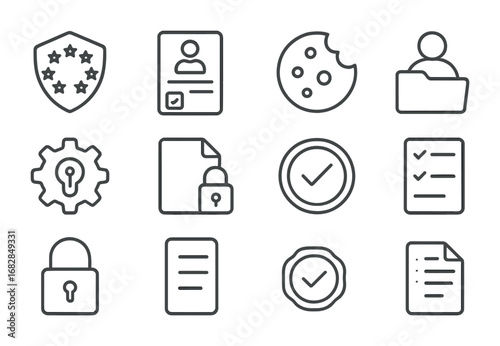 GDPR Icon Set. Outline icon set of GDPR compliance: EU stars shield, consent form, cookie policy, data