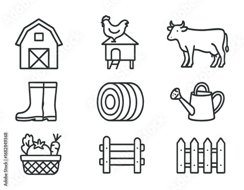 Farm Stay Icons. Outline icon set of farm stay activities: barn, chicken coop, cow, farmer boots, hay bale,