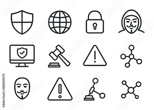Cybersecurity Politics Icons. Outline icon set of cybersecurity in politics: shield, globe, digital lock,