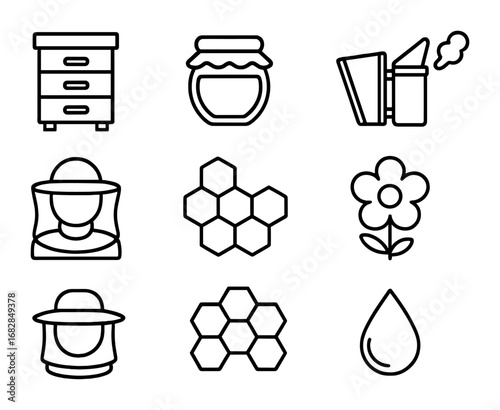 Beekeeping Icons Grid. Outline icon set of beekeeping experiences: beehive box, honey jar, bee, smoker tool,