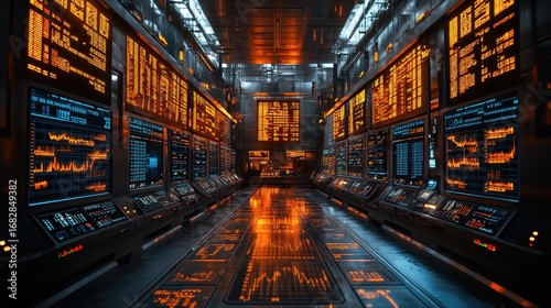 High Energy stock trading floor with digital screen.