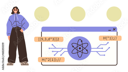 Person in casual attire next to a futuristic interface featuring an atomic diagram, coding snippets, and tech-inspired elements. Ideal for technology, STEM, programming, innovation, science