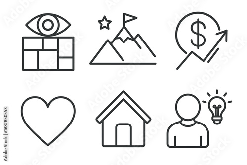 Minimalist icon set: eye, mountain, dollar, heart, house, person with idea