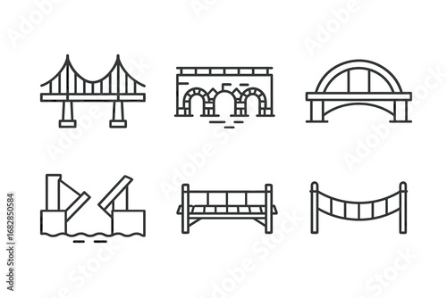 Set of six minimalistic bridge icons in various architectural styles