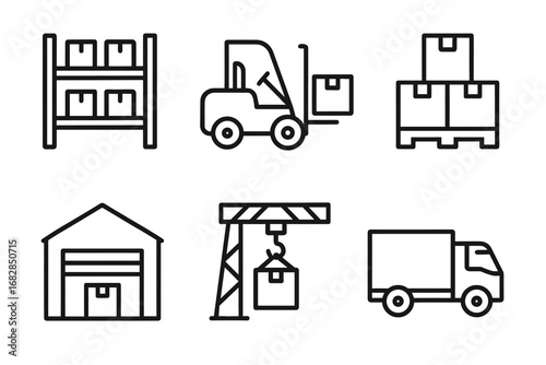Logistics and warehouse icons: shelves, forklift, pallet, warehouse, crane, truck
