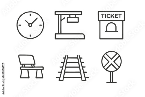 Train station icons: clock, ticket booth, bench, railroad, sign