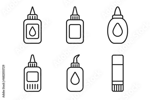 Set of glue bottle icons in various shapes and styles