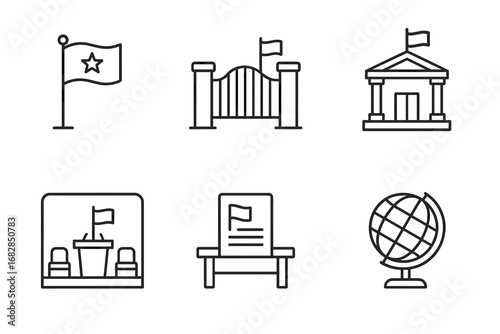 Set of government and education icons with flag, building, and globe symbols