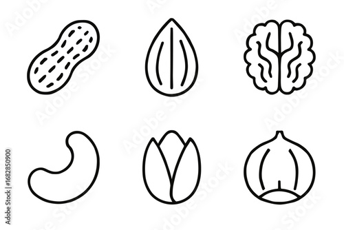Line art icons of peanuts, almonds, walnuts, cashews, pistachios, and hazelnuts