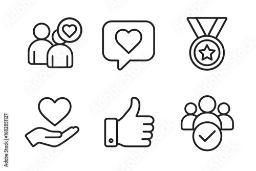 Set of outline icons: social interaction, appreciation, and community symbols