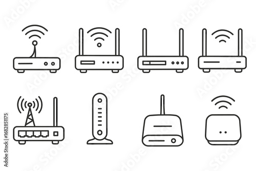 Set of line art wireless routers and modems icons in various designs