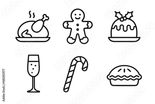 Festive holiday icons: turkey, gingerbread, pudding, champagne, candy cane, pie