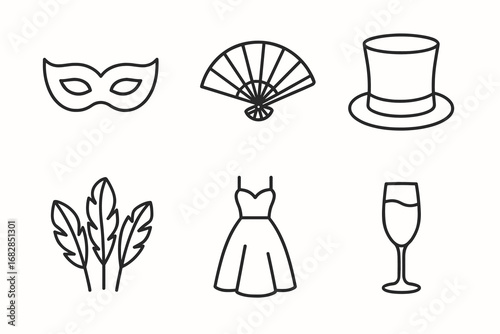 Outline icons: masquerade mask, fan, top hat, feathers, cocktail dress, champagne