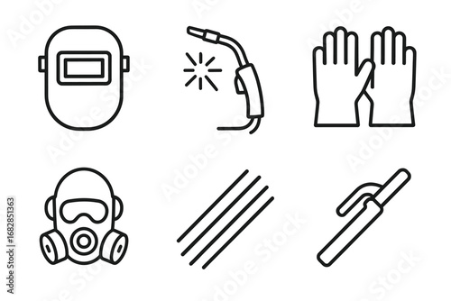 Essential welding gear: helmet, torch, gloves, respirator, electrode holder