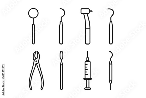 Dental instruments set: mirror probe drill forceps syringe line art