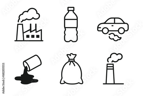 Environmental pollution icons: factory emissions, plastic waste, car exhaust, oil spillage
