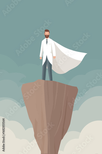A scientist in formal attire and cape stands boldly on a rocky outcrop, gazing into the distance. The cloudy sky enhances the dramatic atmosphere of the scene.