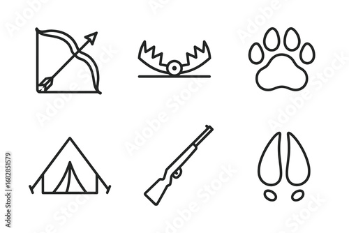 Hunting icons: bow, trap, paw print, tent, rifle, hoof tracks in minimal outline style