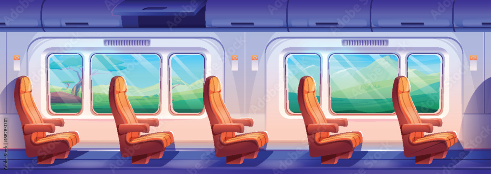 Fototapeta premium Cartoon train interior with orange seats and windows for passenger transport - modern railway cabin with comfortable chairs, scenic landscape view through glass. Public transportation design inside
